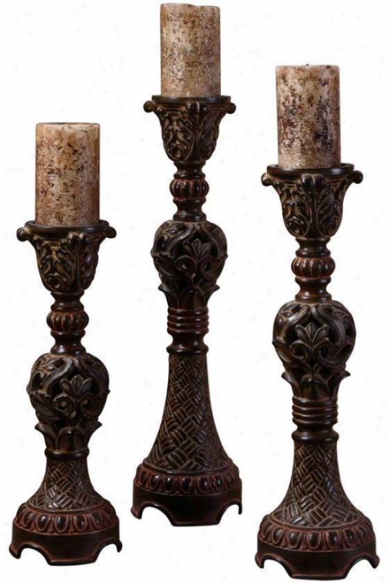 "rosina Candlestivks - Set Of 3 - 5""diameter, Distrssd Walnut"