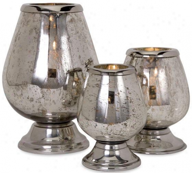 Round Mercury Glass Candleholders - Set Of 3 - Set, Silver