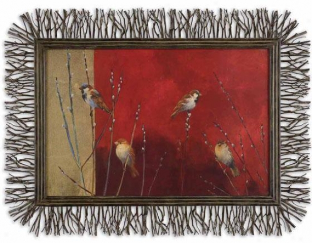 "sparrows In Willow Wall Art - 48""wx36""h, Red"