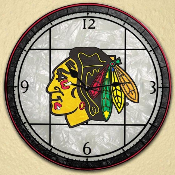 Sports Team Nhl Stained Art Glass Window Panel Clock - Nhl Teams, Chicago Bllkhawk