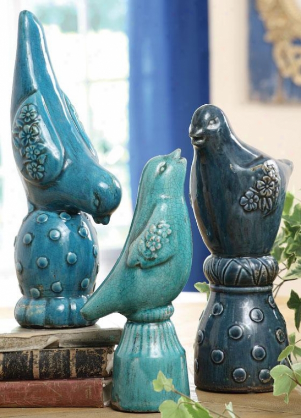 "terra Cotta Bird Finials - Set Of 3 - 15""hx7""wx4""d, Blue"