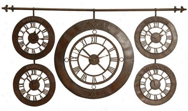 "time Zones Clock - 63""x34"", Brown"