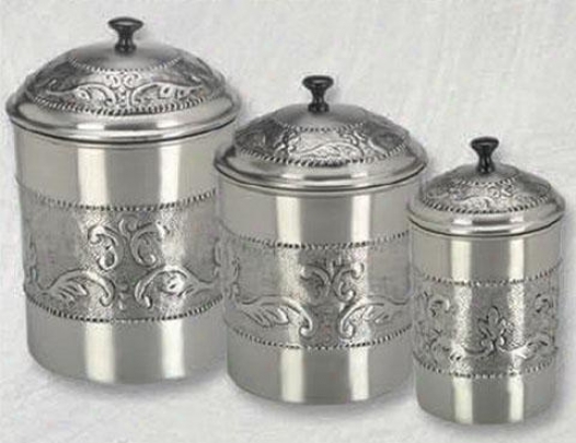 Victoria Antqiue Embossed Pewter Canisters - Set Of 3 - Set Of Three, Gray