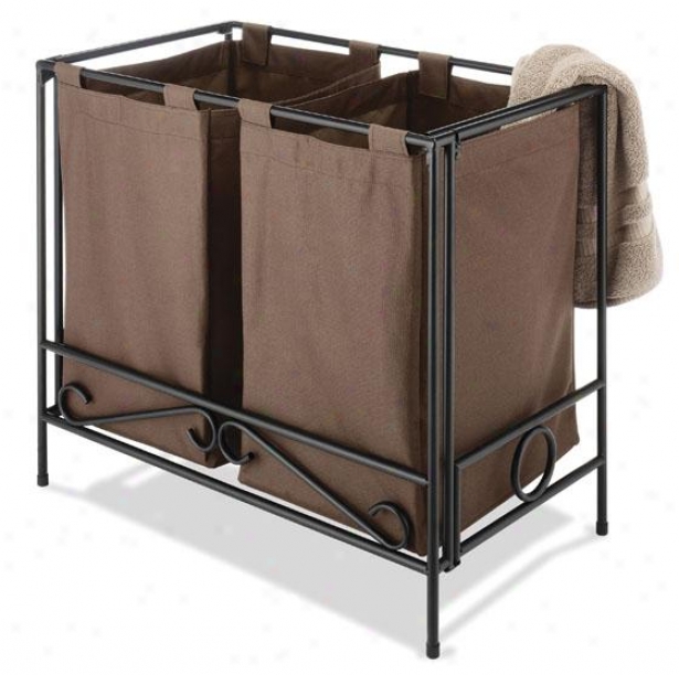 "wrought Iron Folding Double Clothes Laundry Hamper - 24""hx27""wx15""d, Brown"