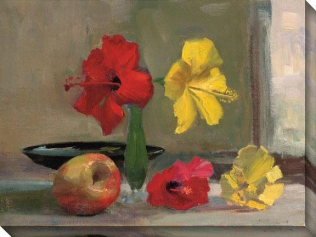 "yellow Hibiscus With Apple Canvas Wall Art - 36""hx48""w, Yelloe"