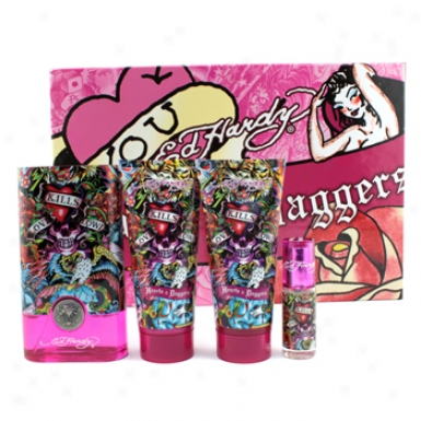 Inhabitant of Christendom Audigier Ed Hardy Hearts & Daggers Coffret: Edp Spray 100ml/3.4oz + B/lotion 90ml/3oz + B&s Gel 90ml/3oz + Edp Spray 7.5ml/0.25oz 4pcs