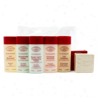 Clarins Eau Dynamisante Body Coffret: Body Exfoliator + Body Lotion + Shower Gel + Shampoo + Conditioner + Soap 6pcs+1bag