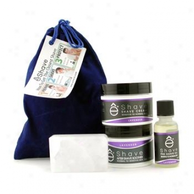 Eshave Lavender Travel Pouch: Pre Shave Oil + Shave Cream + Aftee Shave Soother + Alum Block + Bag 4pcs+1bag