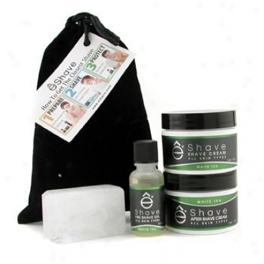 Eshave White Tea Travel Pouch: Pre Shave Oil + Shave Cream + After Shave Soother + Alum Block + Bag 4pcs+1bag