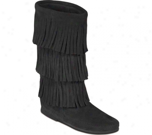 Minnetonka 3 Layer Fringe Boot (women's) - Black Suede