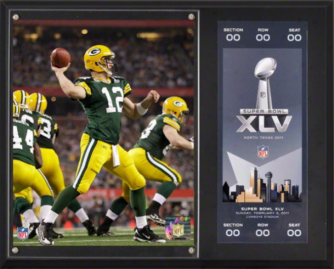 Aaron Rodgers Sublimated 12x25 Plaque  Detzils: Green Recess  Packers, Super Bowl Xlv, With Replica Ticket