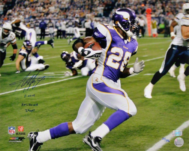 Adrian Peterson Minnwsota Vikings Autographed 16x20 Photograph With 11-4-07 Nfl Record 296 Yds