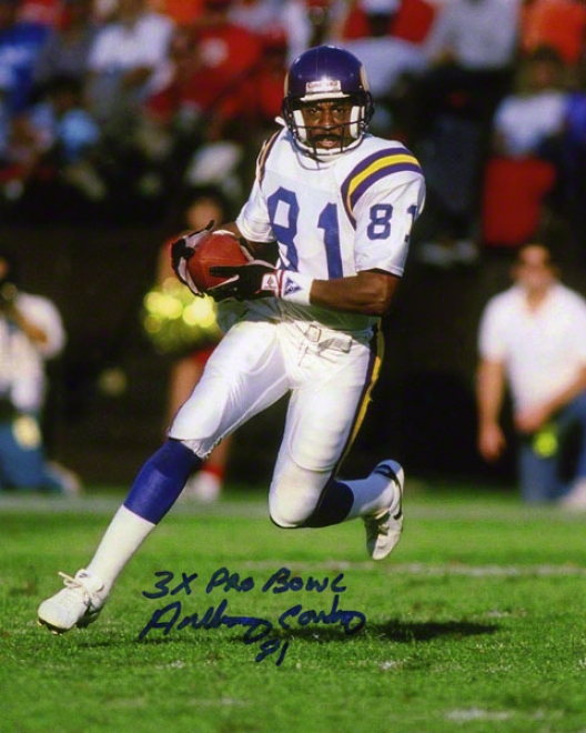 Anthony Carter Autographed Photograph  Details: 8x10, Minnesota Vikings, 3x Pro Bowl Inscription