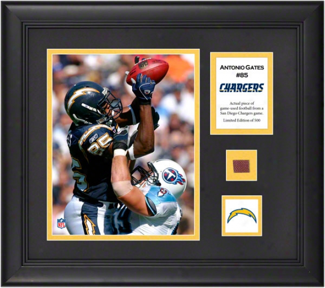 Antonio Gates Framed 8x10 Photograph  Details: San Diego Chargerq, With Game-used Football Piece And Descripitve Plate