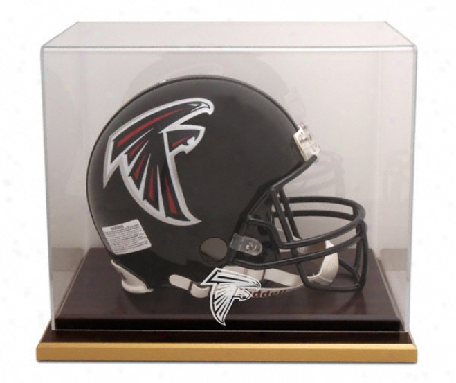 Atlanta Falcons Logo Helmet Display Caee Details: Wood Base, Mirrored Remote