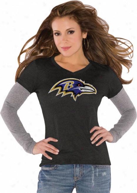 Baltimore Ravens Black Women's Primary Logo Tri Blend Long Sleeve Layered T-shirt- By Alyssa Milano