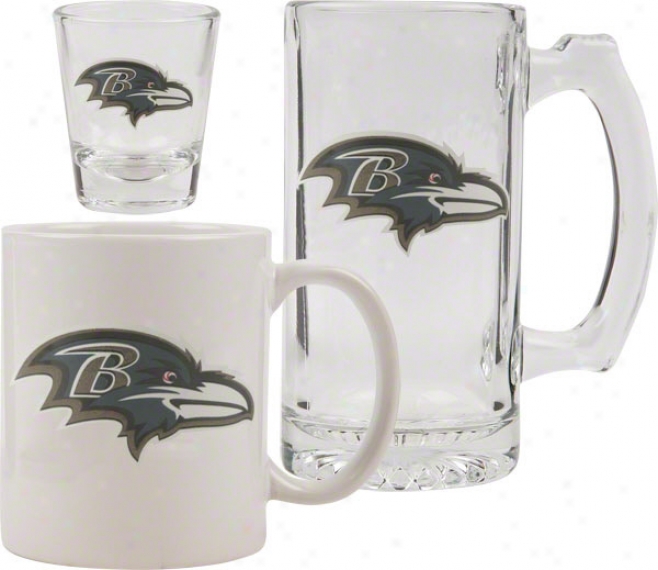 Baltimore Ravens Glassware Set: Logo Tankard, Coffee Mug, Shot Glass