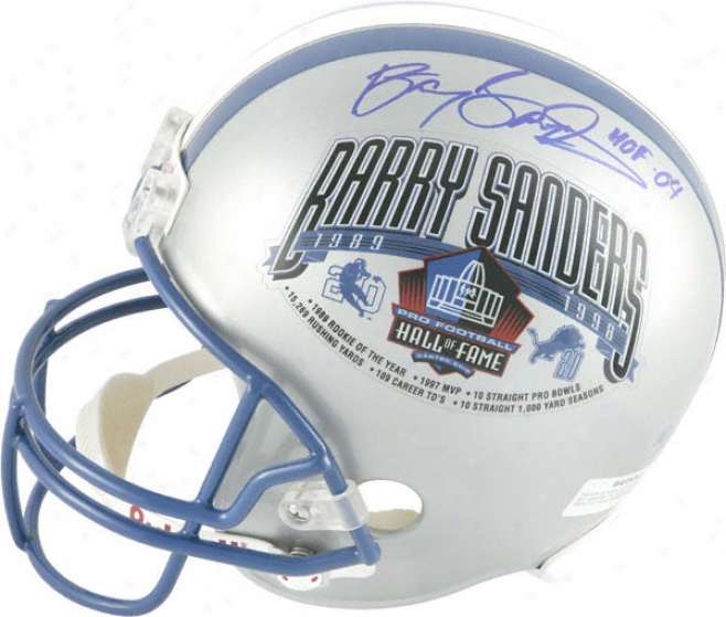 Barry Sanders Autographed Helmet  Details: Half Detriot Lions And Half Barry Sznders Hof Decal, Riddell Helmet, Hof04 Inscription