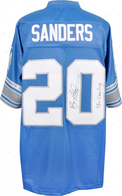 Barry Sanders Autographed Jersey  Details: Detroit Lionns, Blue, Lion King Inscription