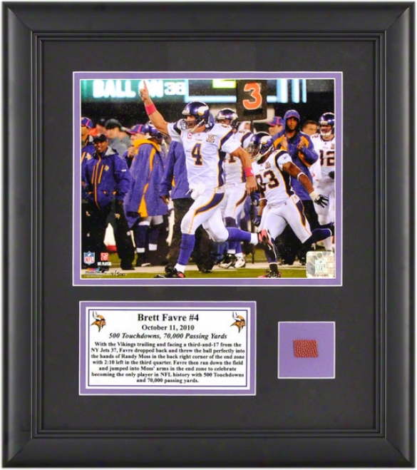 Brett Favre Framed Photograph  Details: Minnesota Vikings, 500th Touchdown, 8x10, Game Used Football