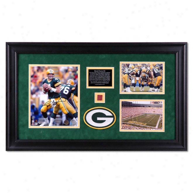 Brett Favre Green Bay Packers Framed Autographed 8x10 Photograph With Two Unsigned 8x10 Photographs, Game Used Football Piece And Medallion