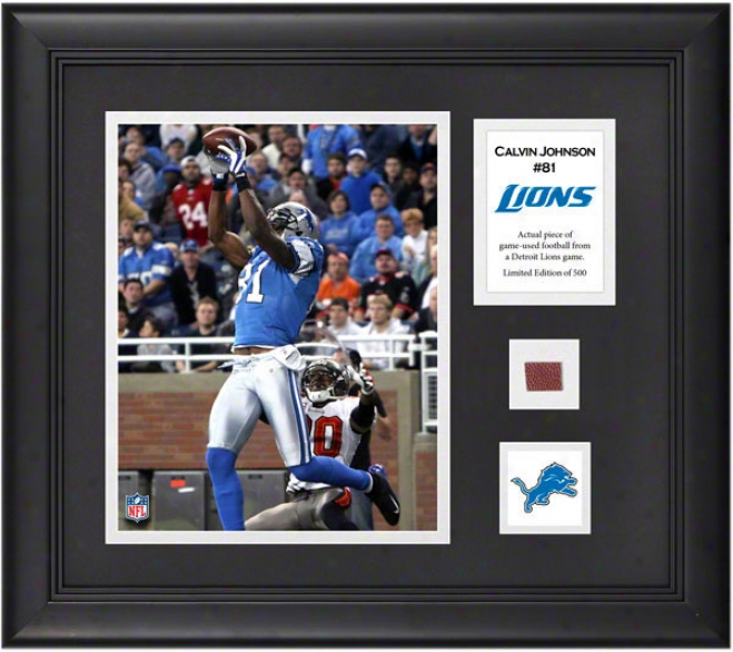 Calvin Johnson Framed 8x10 Photograph  Detais: Detroit Lions, With Game-used Football Piece And Descriptive Plate