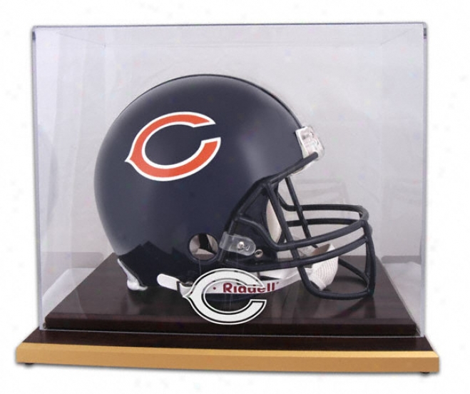 Chicago Bears Logo Helmet Display Case Details: Wood Base, Mirrored Back