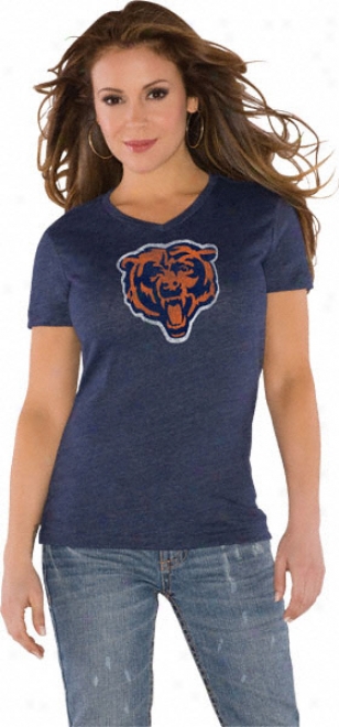 Chicago Bears Navy Women's Primary Logo Tri Blend V Neck T-shirt- By Alyssa Milano