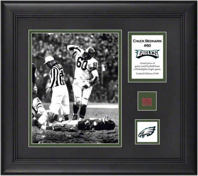 Chuck Bednarik Framed 8x10 Photograph  Details: Philadelphia Eagles, With Game-used Football Piece And Descriotive Plate