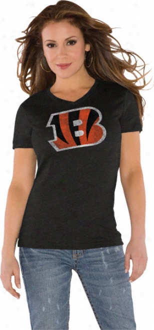 Cincinnati Bengals Black Wlmen's Primary Logo Trk Blend V Neck T-shirt- By Alyssa Milano