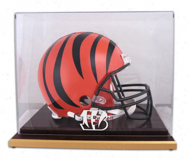 Cincinnati Bengals Logo Helmet Display Case Details: Wood Base, Mirrored Back