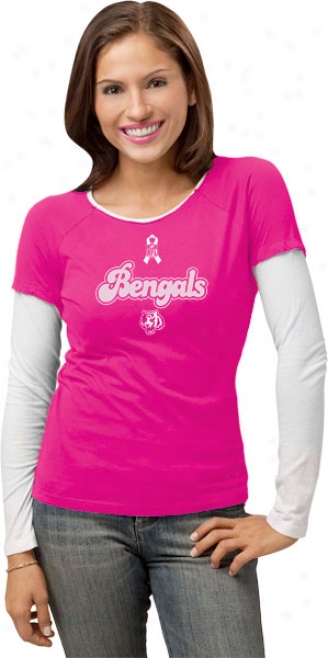 Cincinnati Bengsls Women's Pink Breast Cancer Bca Ribbon Script Long-winded Sleeve Layered Tissue T-shirt