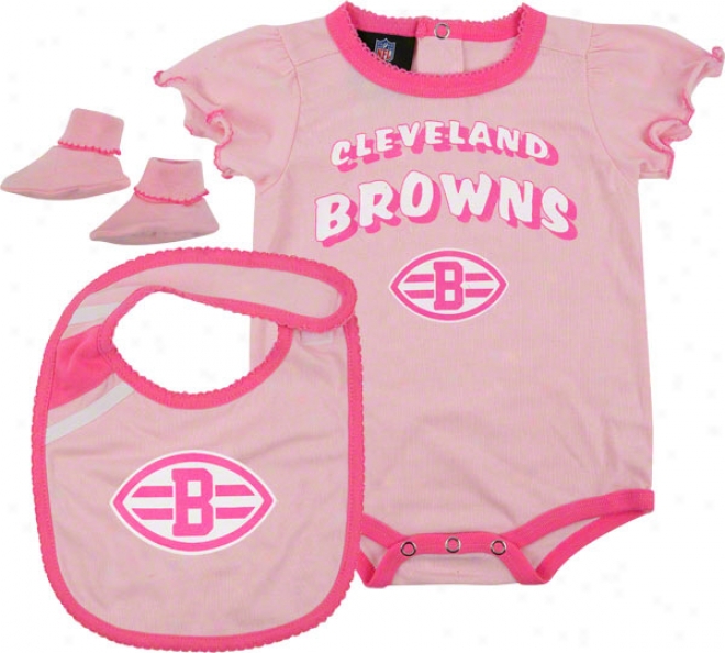 Cleveland Browns Newborn Pink Creeper, Bib, And Bootie Set