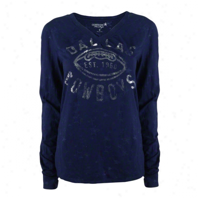 Dallas Cowboys Women's Navy Francis Long Sleeve V-neck Burnout Tee