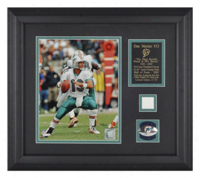 Dan Marino Miami Dolphins Framed 8x10 Photograph With Piece Of Game Used Jersey  Piece Piece And Descriptive Plate