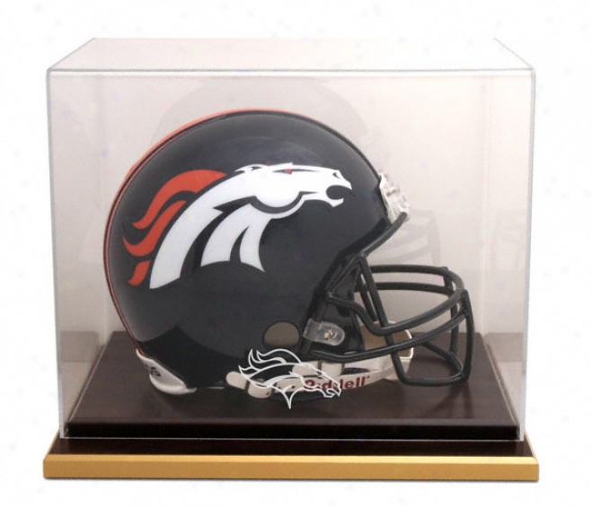 Denver Broncos Logo Helmet Display Instance Details: Wood Base, Mirrored Back