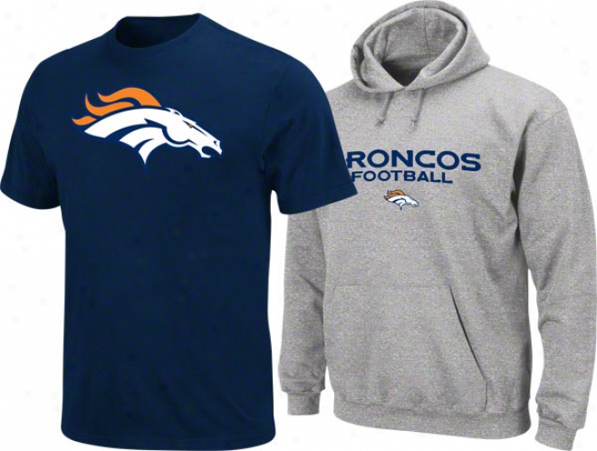 Denver Broncos Navy T-shiry And Steel Hooded Sweatshirt Combo Pack