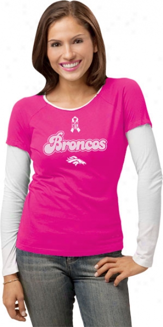 Denver Broncos Women's Pink Breast Cancer Bca Ribbon Scirpt Long Sleeve Layered Tissue T-shirt