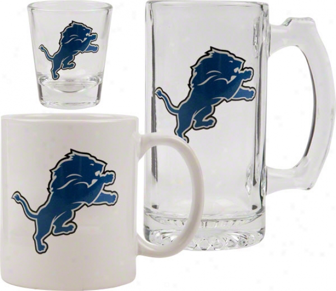 Detroit Lions Glassware Set: Logo Tankard, Coffee Mug, Shot Glass