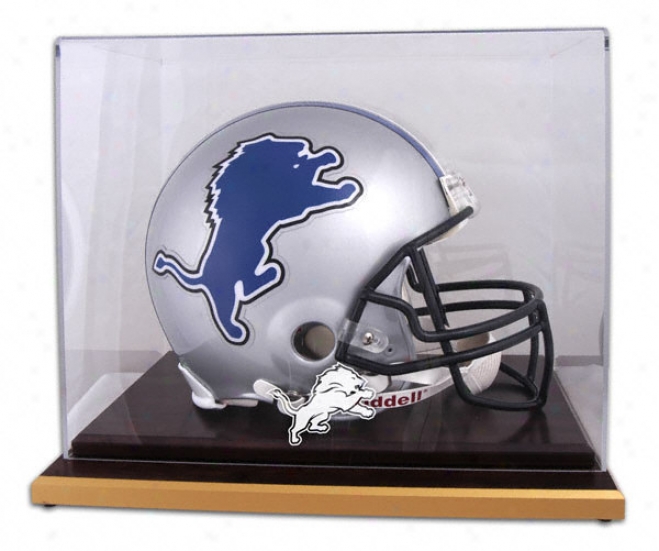 Detroit Lions Logo Helmet Display Case Details: Wood Base, Mirrored Back