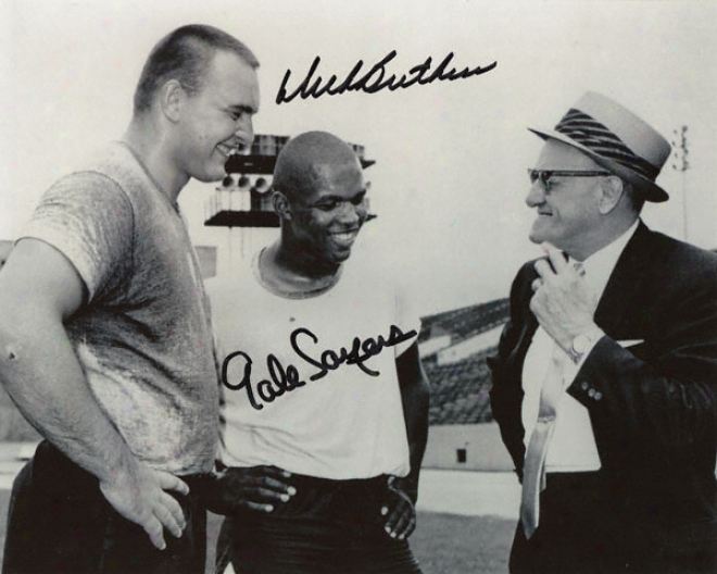 Dick Butkus Anf Gale Sayers Chicago Bears Through  George Halas 8x10 Autographed Black And White Photograph