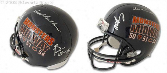 Dick Butkus, Brian Urlacher And Mike Singletary Autographed Pro-line Helmet  Details: Chicago Bears, Monsters Of The Midway Logo, Authentic Riddell Helmet