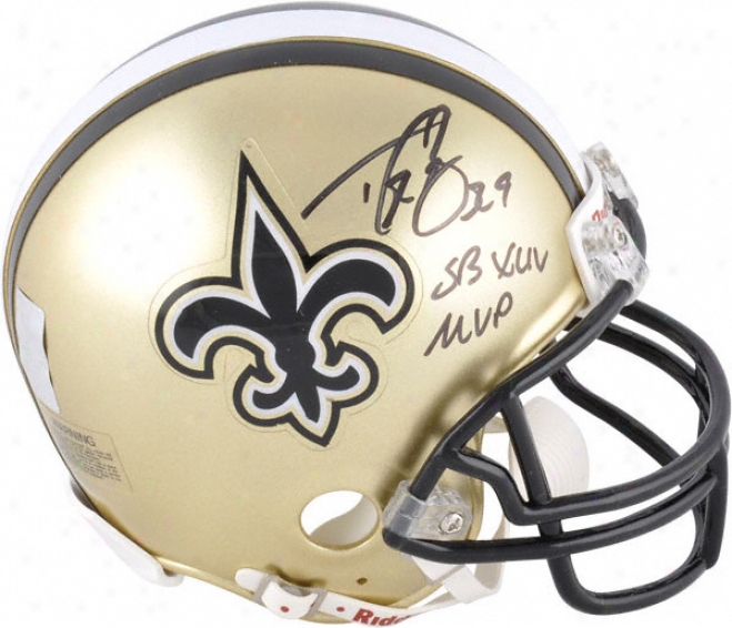 Drew Brees Aitographed Mini Hlemet  Details: - Half New Orleans Saints And Half Super Goblet Xliv Logo, Sb Xliv Bite Inscription