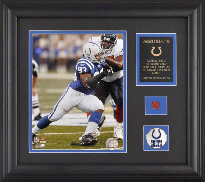 Dwight Freeney Indianapolis Colts Framed 8x10 Photograph With Game Used 2005 Football Piece And Medallion