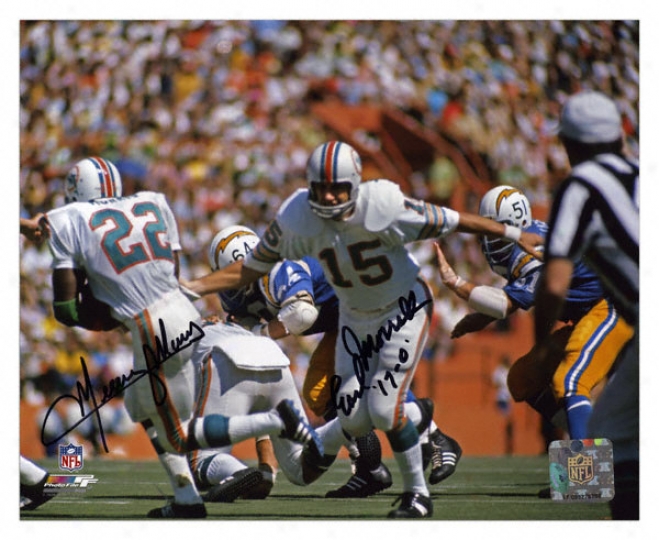 Earl Morrall And Mercury Morris Miami Dolphins - Handoff - Autographed 8x10 Photograph With 17-0 Inscription