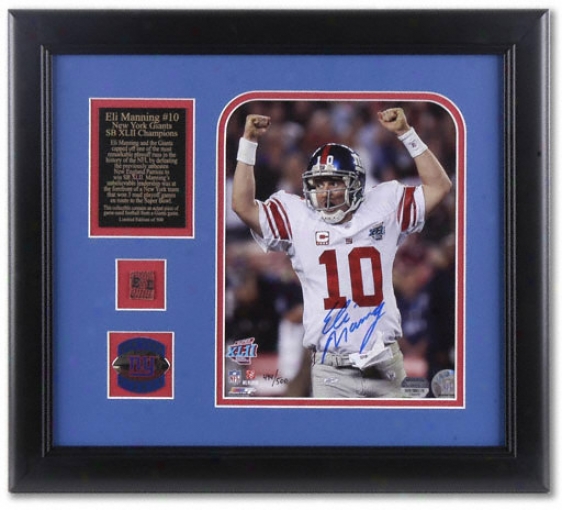 Eli Manning New York Giants- Super Bowl Xlii Champs - Framed Autographed 8x10 Photograph With Game Used Football, Pin And Plate