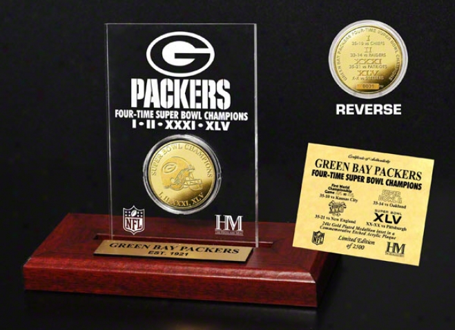 Inexperienced Bay Packers 4x Super Bowl Champions 24kt Gold Coin In Etched Acrylic