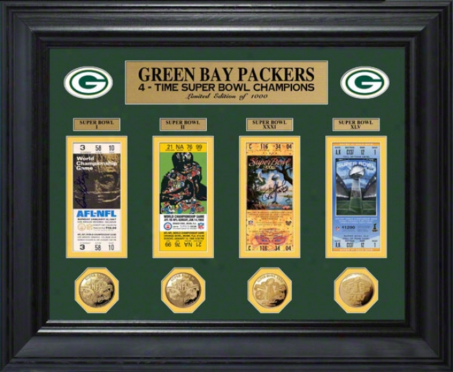 Green Bay Packers 4x Super Bowl Champiions Ticket And Game Coin Photo Mint