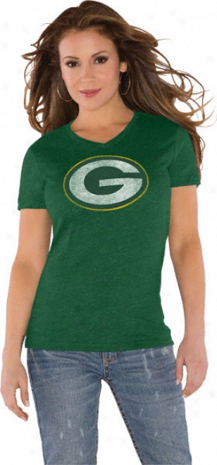 Green Bay Packers Green Women's Primary Logo Tri Mingle V Neck T-shirt- By Alyssa Milano