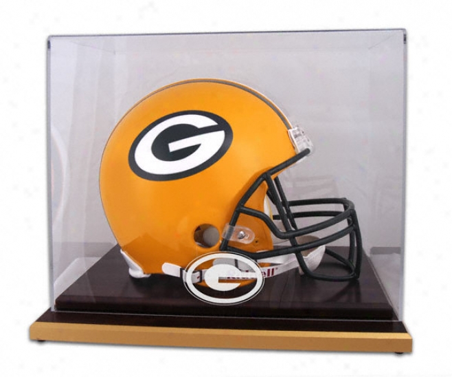 Green Ba yPackers Logo Helmet Display Case Details: Wood Base, Mirrored Back